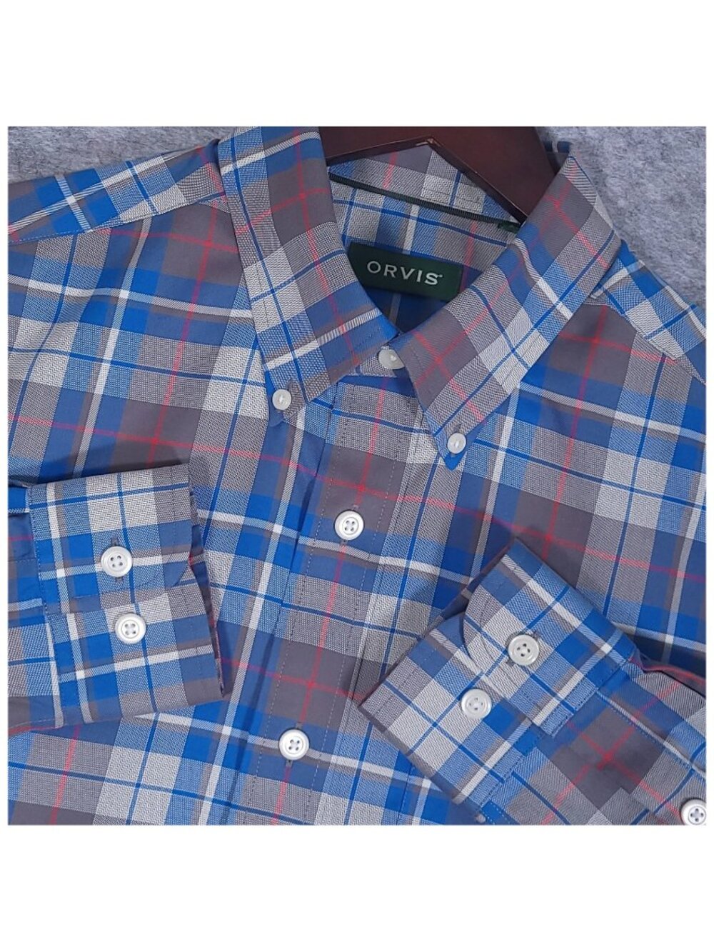 Orvis Wrinkle Free Mens Medium Plaid Button Down Shirt Blue Gray Long Sleeve